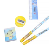 Two officially licensed Pokemon "Pokepeace" stationery gift sets side-by-side. The sets include two pencils, a ruler, a sharpener, an eraser, and two pencil caps.