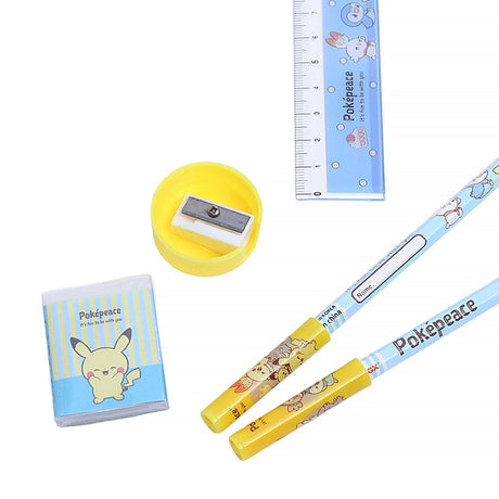 Two officially licensed Pokemon "Pokepeace" stationery gift sets side-by-side. The sets include two pencils, a ruler, a sharpener, an eraser, and two pencil caps.