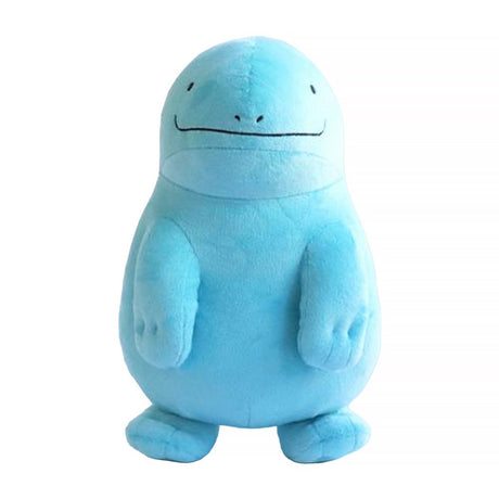 An officially licensed Pokemon plush toy of the Water and Ground-type Quagsire, featuring a rounded light blue body, small front limbs pointing inward, tiny dot eyes, and a wide, friendly stitched smile.