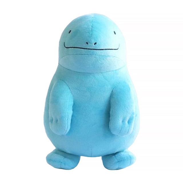 An officially licensed Pokemon plush toy of the Water and Ground-type Quagsire, featuring a rounded light blue body, small front limbs pointing inward, tiny dot eyes, and a wide, friendly stitched smile.