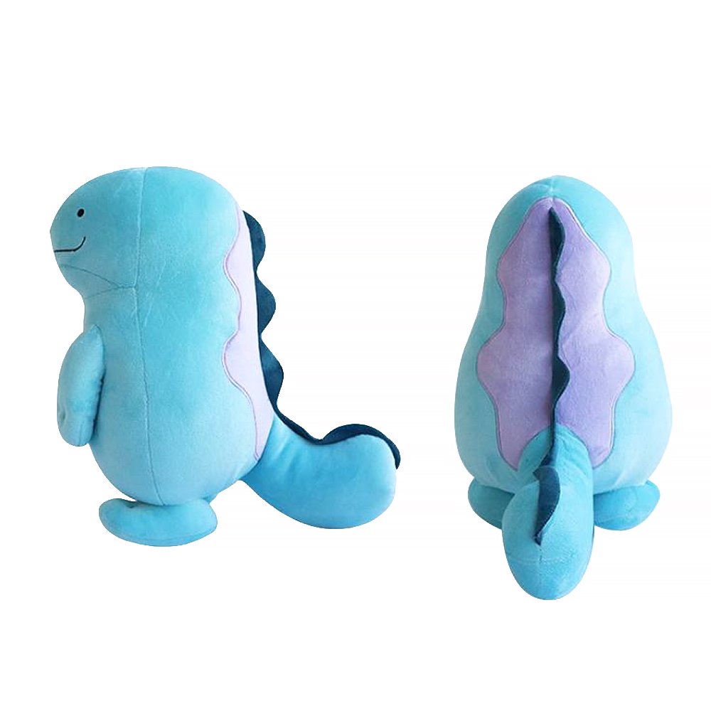 An officially licensed Pokemon plush toy of the Water and Ground-type Quagsire, featuring a rounded light blue body, small front limbs pointing inward, tiny dot eyes, and a wide, friendly stitched smile.