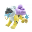 An officially licensed Pokemon Raikou plush toy featuring a bright yellow body with black lightning stripes, a large purple plush mane resembling a thundercloud, and a light blue star-shaped mask over its face