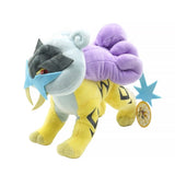 An officially licensed Pokemon Raikou plush toy featuring a bright yellow body with black lightning stripes, a large purple plush mane resembling a thundercloud, and a light blue star-shaped mask over its face