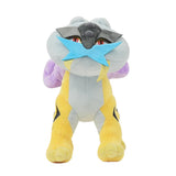 An officially licensed Pokemon Raikou plush toy featuring a bright yellow body with black lightning stripes, a large purple plush mane resembling a thundercloud, and a light blue star-shaped mask over its face