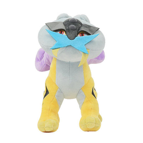 An officially licensed Pokemon Raikou plush toy featuring a bright yellow body with black lightning stripes, a large purple plush mane resembling a thundercloud, and a light blue star-shaped mask over its face