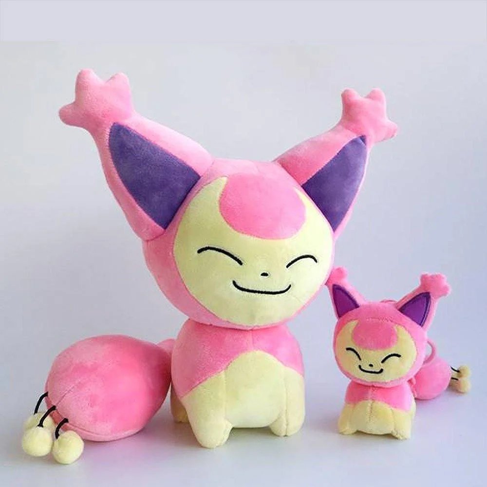 An officially licensed Skitty plush sitting upright with a happy expression, pink and cream fur, large ears, and a puffy pink tail
