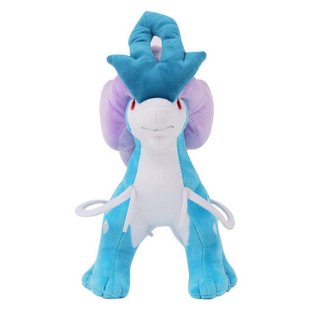 An officially licensed Pokemon Suicune plush toy featuring its iconic blue body, purple mane, and white ribbon-like tails. The plush stands upright, showcasing the intricate diamond patterns and high-quality stitched details.