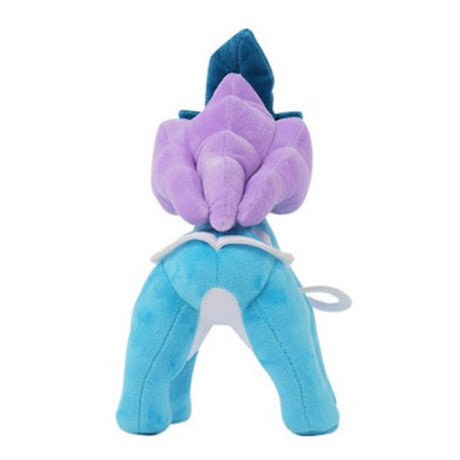 An officially licensed Pokemon Suicune plush toy featuring its iconic blue body, purple mane, and white ribbon-like tails. The plush stands upright, showcasing the intricate diamond patterns and high-quality stitched details.