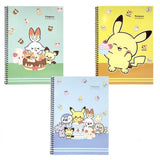 Three pastel-colored Pokemon Pokepeace spiral notebooks showcase adorable illustrations of Pikachu, Scorbunny, and other characters alongside cakes and sweets on green, yellow, and blue covers.
