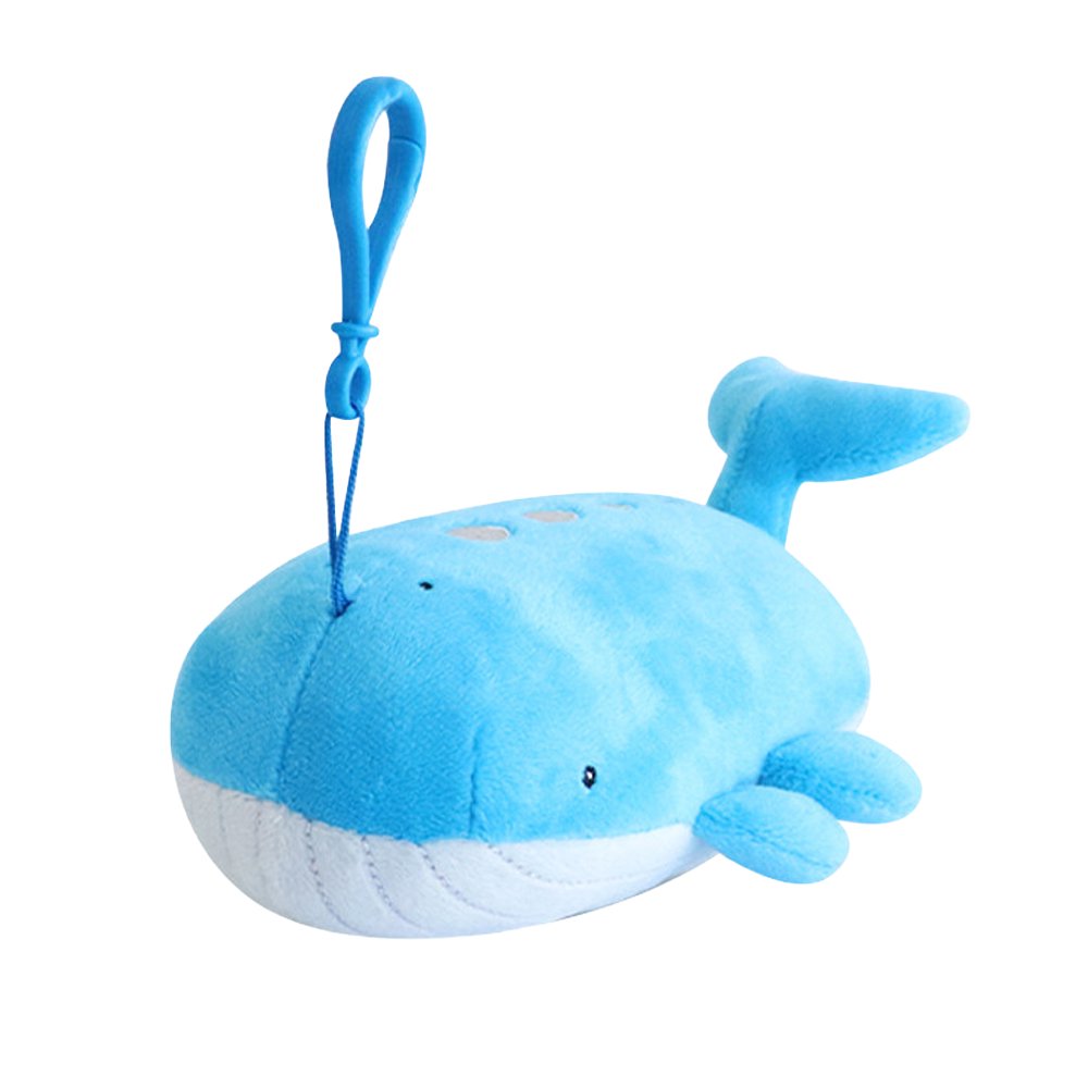 An officially licensed Pokemon Wailord plush keychain clip featuring a round, bright blue body with a grooved white underbelly and small side fins