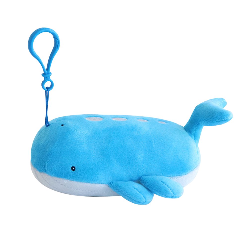 An officially licensed Pokemon Wailord plush keychain clip featuring a round, bright blue body with a grooved white underbelly and small side fins