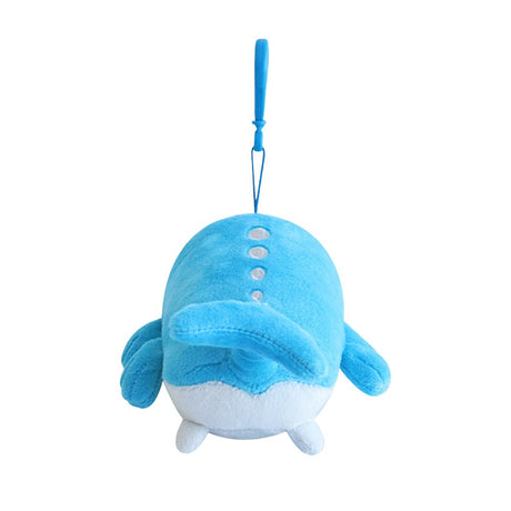 An officially licensed Pokemon Wailord plush keychain clip featuring a round, bright blue body with a grooved white underbelly and small side fins