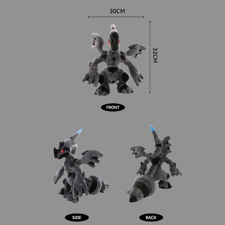 Pokemon Zekrom Plush toy with measurements on a gray background