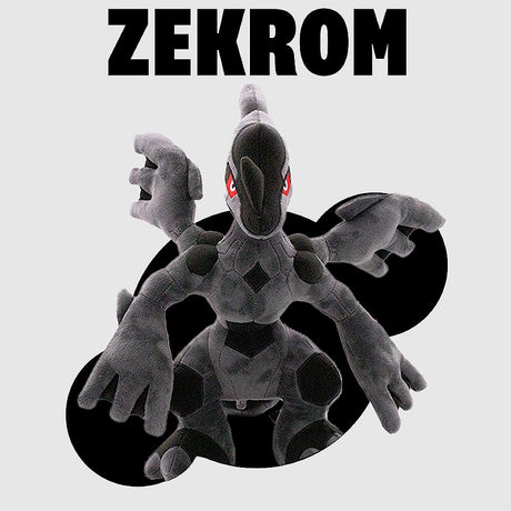 Plush toy of Zekrom with 'Zekrom' text above on a light gray background