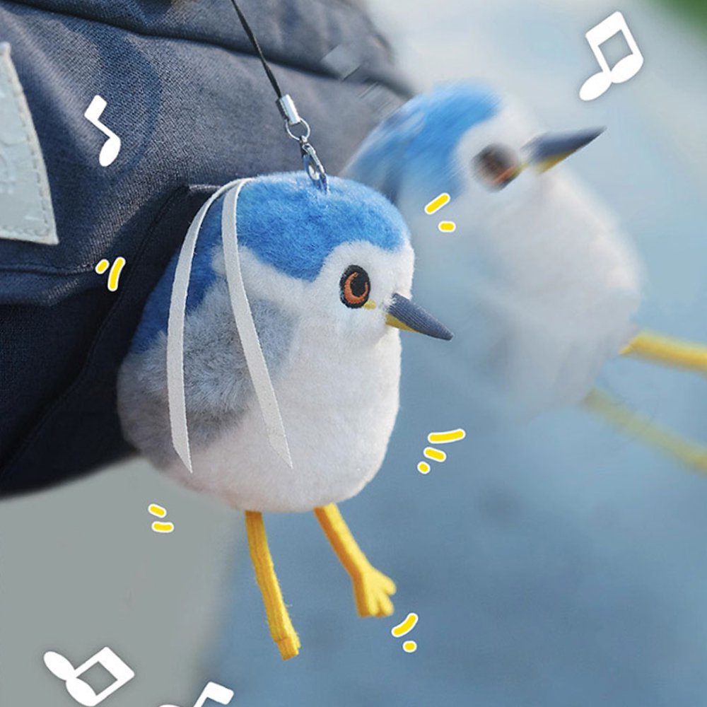 A round, fluffy white Black-crowned Night Heron bird plush keychain with a bright blue crown, grey wings, and long yellow feet