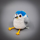 A round, fluffy white Black-crowned Night Heron bird plush keychain with a bright blue crown, grey wings, and long yellow feet