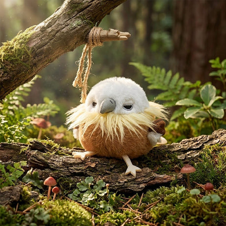 A round, fluffy Himalayan Vulture bird plush keychain with tan body fur, a white head and a striking shaggy ruff and a detailed grey beak