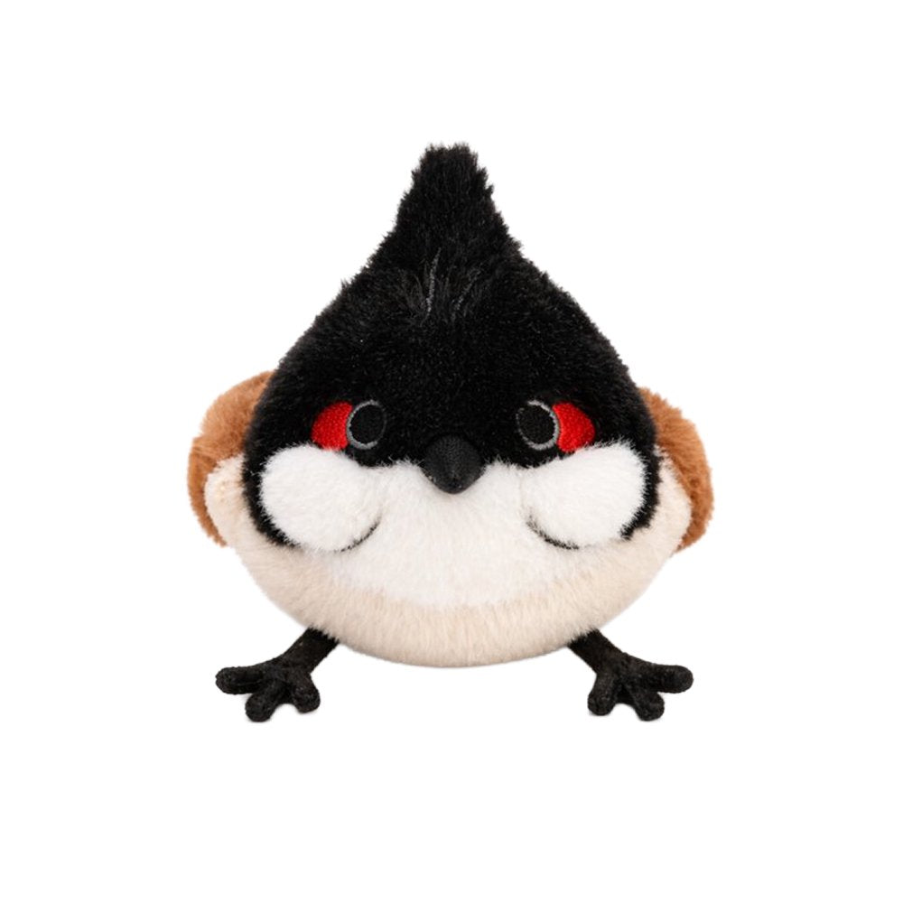 An adorable, round red-whiskered bulbul bird plush keychain with a pointed black crest and a plump body. The plush features striking red and white cheek patches, small embroidered eyes, brown wings, and tiny black feet extended forward.