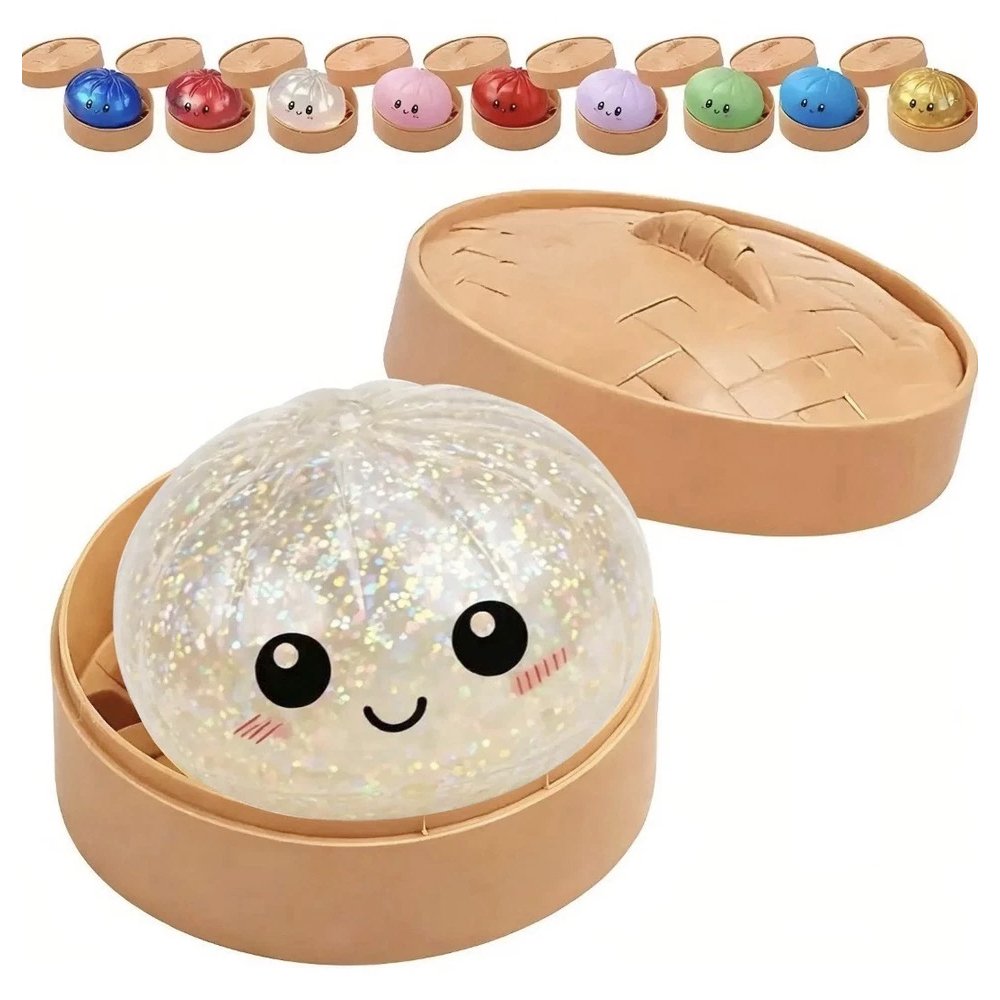 Six colorful, glittery Rainbow Mystery Squishy dumpling toys with cute cartoon faces sit inside mini plastic bun steamer baskets
