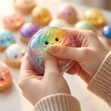 Six colorful, glittery Rainbow Mystery Squishy dumpling toys with cute cartoon faces sit inside mini plastic bun steamer baskets