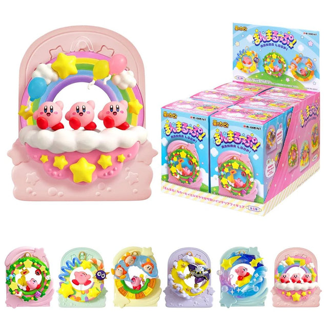 Officially licensed Kirby Manmaru Loop Re-Ment blind box set featuring a pink rainbow loop Kirby figure alongside the full display box and six collectible loop dioramas