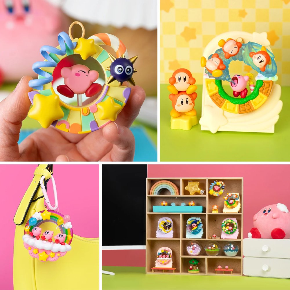 Officially licensed Kirby Manmaru Loop Re-Ment blind box set featuring a pink rainbow loop Kirby figure alongside the full display box and six collectible loop dioramas