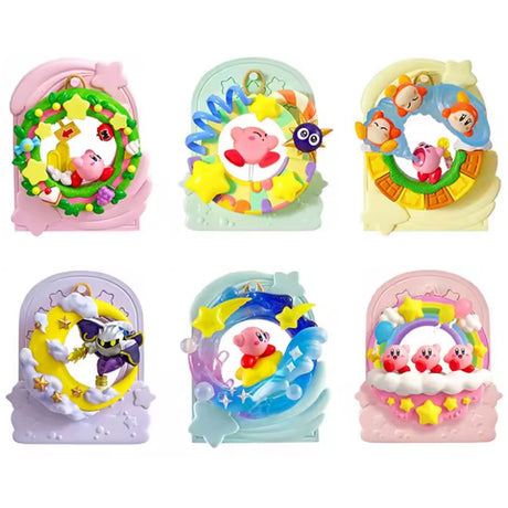 Officially licensed Kirby Manmaru Loop Re-Ment blind box set featuring a pink rainbow loop Kirby figure alongside the full display box and six collectible loop dioramas