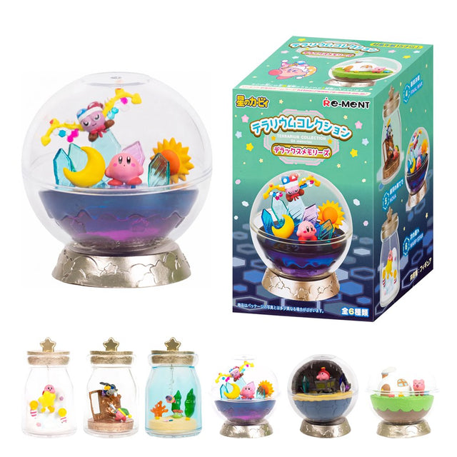 Officially licensed Kirby Terrarium Collection Deluxe Memories Re-Ment blind box figure featuring Kirby and Marx inside a clear globe alongside five other collectible jar and globe diorama displays