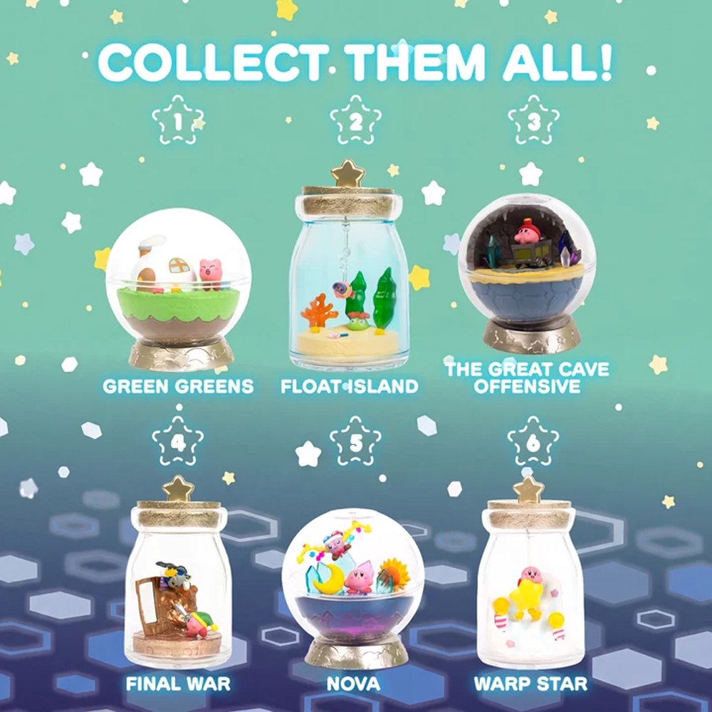 Officially licensed Kirby Terrarium Collection Deluxe Memories Re-Ment blind box figure featuring Kirby and Marx inside a clear globe alongside five other collectible jar and globe diorama displays