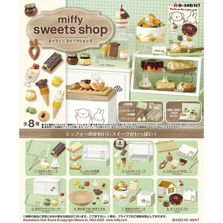 Officially licensed Miffy Sweets Shop Re-Ment miniature collection featuring 8 unique bakery-themed blind box sets featuring Miffy and Boris Bear pastries
