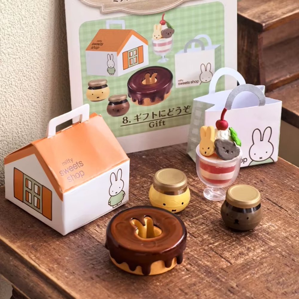 Officially licensed Miffy Sweets Shop Re-Ment miniature collection featuring 8 unique bakery-themed blind box sets featuring Miffy and Boris Bear pastries

