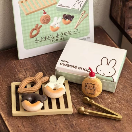 Officially licensed Miffy Sweets Shop Re-Ment miniature collection featuring 8 unique bakery-themed blind box sets featuring Miffy and Boris Bear pastries
