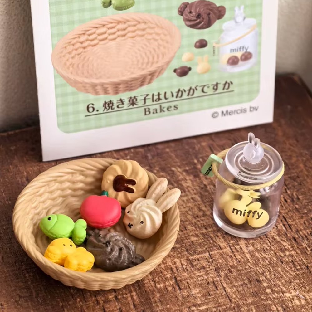 Officially licensed Miffy Sweets Shop Re-Ment miniature collection featuring 8 unique bakery-themed blind box sets featuring Miffy and Boris Bear pastries
