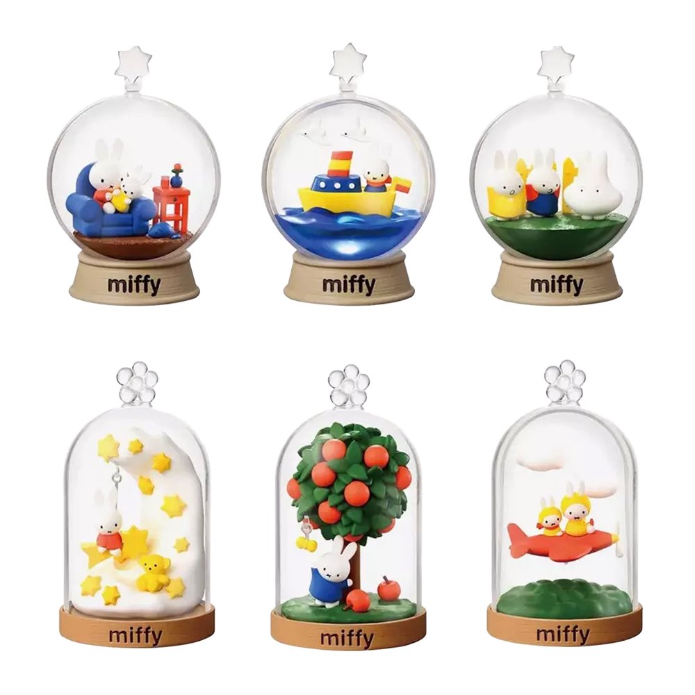 Officially licensed Miffy Terrarium Re-Ment blind box figures featuring clear globe and dome-encased miniature scenes including Miffy on a boat, under an apple tree, and sitting on a starry crescent moon