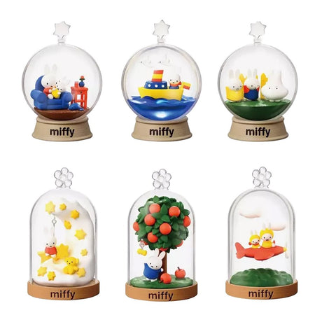 Officially licensed Miffy Terrarium Re-Ment blind box figures featuring clear globe and dome-encased miniature scenes including Miffy on a boat, under an apple tree, and sitting on a starry crescent moon