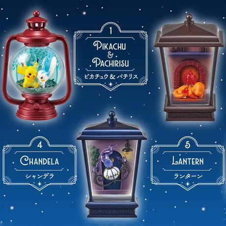 Officially licensed Pokemon Lantern Diorama Re-Ment blind box figures displaying Pokemon inside antique-style lanterns and glass oil lamps