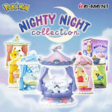 Officially licensed Pokemon Nighty Night Collection Re-Ment blind box figures displaying sleeping Pokemon inside decorative canopy pavilions