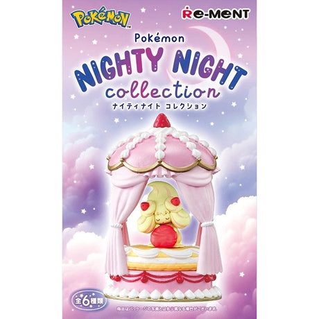 Officially licensed Pokemon Nighty Night Collection Re-Ment blind box figures displaying sleeping Pokemon inside decorative canopy pavilions