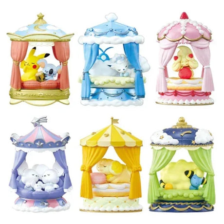Officially licensed Pokemon Nighty Night Collection Re-Ment blind box figures displaying sleeping Pokemon inside decorative canopy pavilions