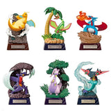 Officially licensed Pokemon Pocket Statue Dragon Type Re-Ment blind box figures featuring Garchomp, Dragonite, and Salamence dynamic statues mounted on pedestal bases alongside full collection options