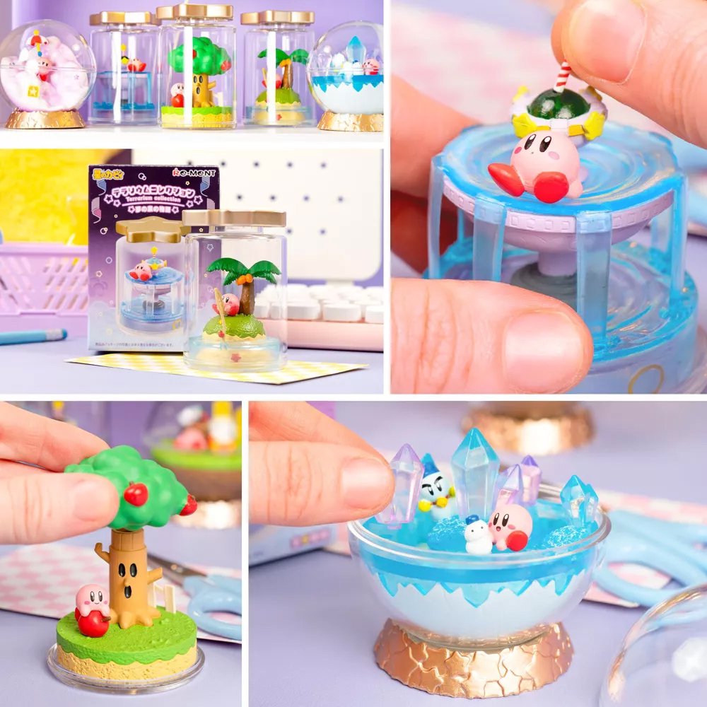 A collection of six different officially licensed Kirby terrarium figures. The miniatures feature Kirby in various settings like a snowy landscape, a tropical island, and napping on a tree stump, all enclosed in clear jars or globes.