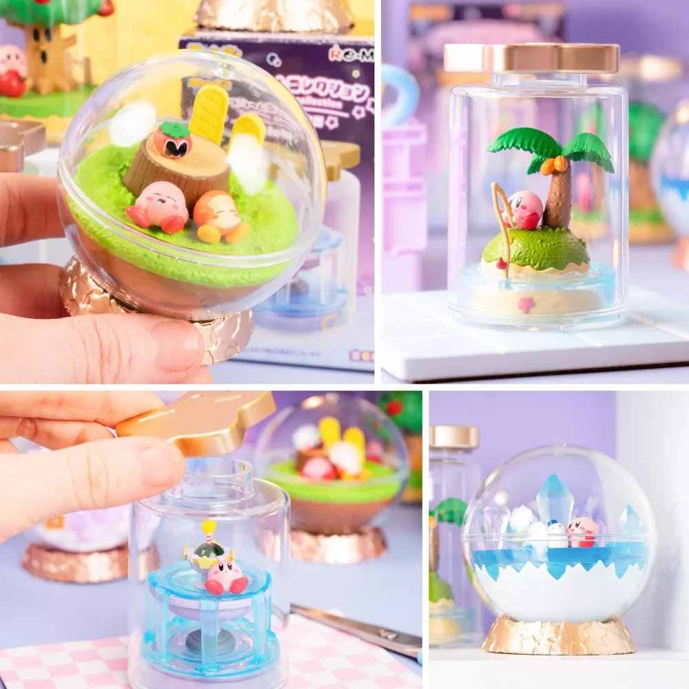 A collection of six different officially licensed Kirby terrarium figures. The miniatures feature Kirby in various settings like a snowy landscape, a tropical island, and napping on a tree stump, all enclosed in clear jars or globes.