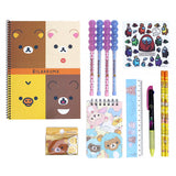 Two officially licensed Rilakkuma and Chairoikoguma stationery sets in clear plastic carry cases with handles. Both cases are packed with notebooks, pencils, and other stationery items.
