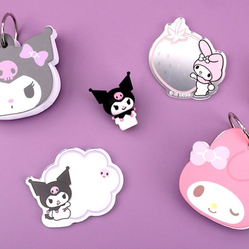 A collection of ten colorful, die-cut acrylic mirrors featuring officially licensed Sanrio characters like Hello Kitty, My Melody, and Cinnamoroll. Each mirror includes a character illustration next to a small reflective surface in various shapes like stars, clouds, and hearts.
