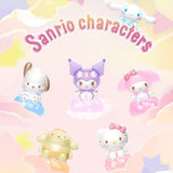 A set of 12 officially licensed Sanrio character figures, featuring two distinct finishes: 6 regular matte models and 6 glossy models. Each character sits on a translucent cloud base that lights up upon gentle impact.