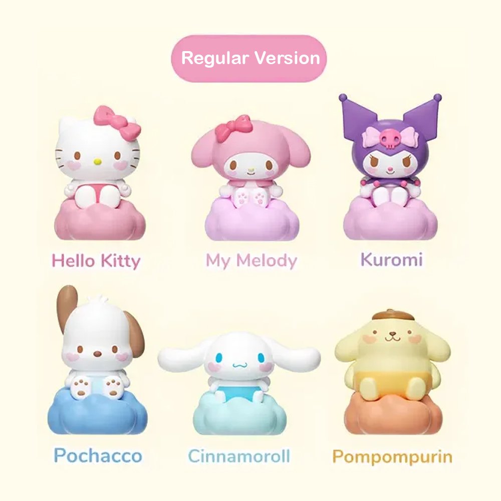 A set of 12 officially licensed Sanrio character figures, featuring two distinct finishes: 6 regular matte models and 6 glossy models. Each character sits on a translucent cloud base that lights up upon gentle impact.