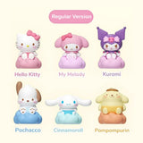 A set of 12 officially licensed Sanrio character figures, featuring two distinct finishes: 6 regular matte models and 6 glossy models. Each character sits on a translucent cloud base that lights up upon gentle impact.