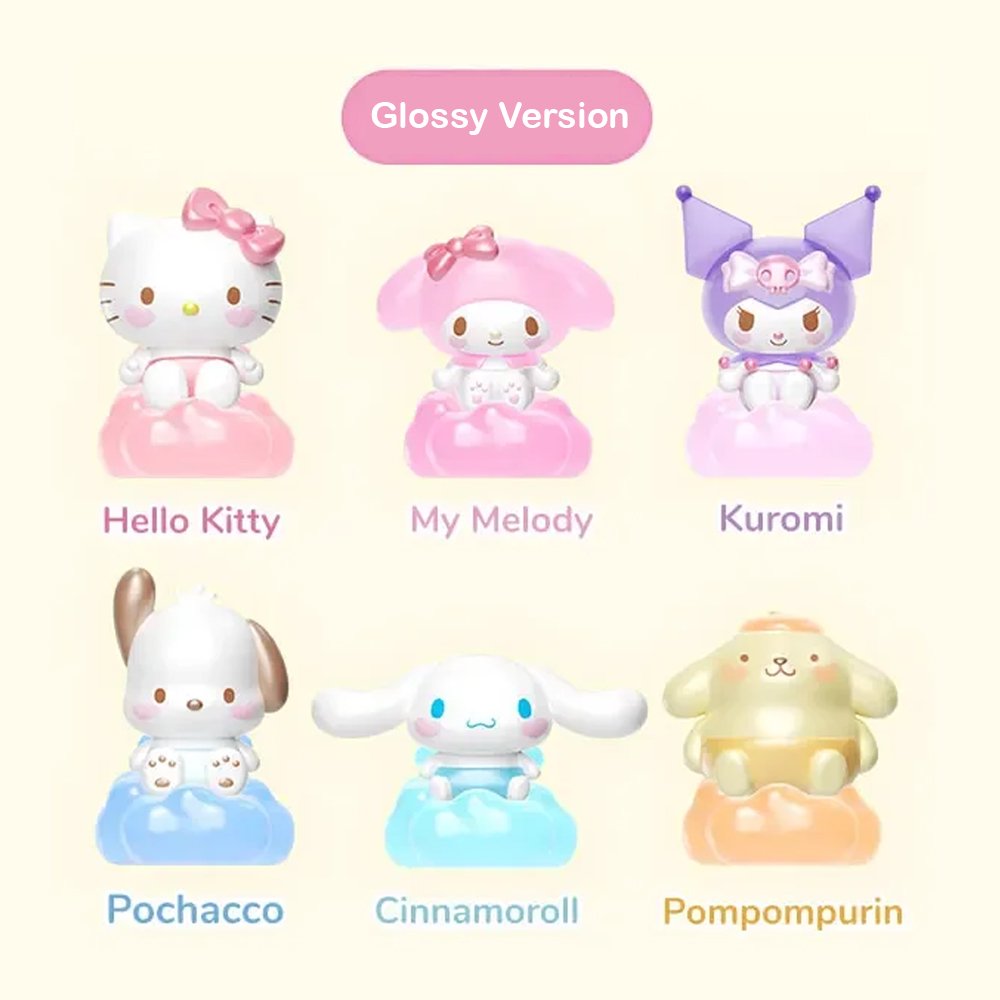 A set of 12 officially licensed Sanrio character figures, featuring two distinct finishes: 6 regular matte models and 6 glossy models. Each character sits on a translucent cloud base that lights up upon gentle impact.