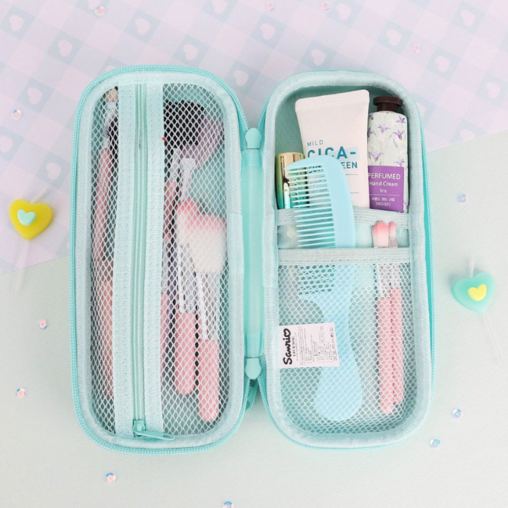 Three officially licensed Sanrio hard shell pencil cases featuring Hello Kitty, Pochacco, and Cinnamoroll on dreamy pastel glitter gradients
