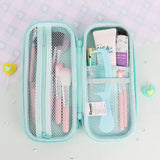 Three officially licensed Sanrio hard shell pencil cases featuring Hello Kitty, Pochacco, and Cinnamoroll on dreamy pastel glitter gradients